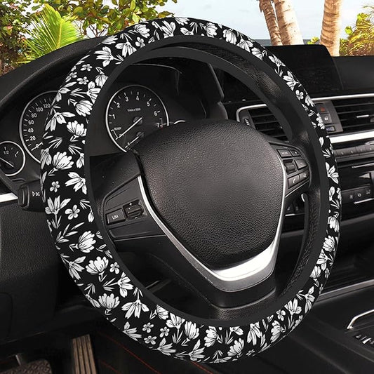 Small Flowers Steering Wheel Cover, White and Black Floral Elastic Non-Slip Steering Wheel Protector,Auto Interior Decor for Women Girls,Universal 15" Fit for Sedans,Trucks