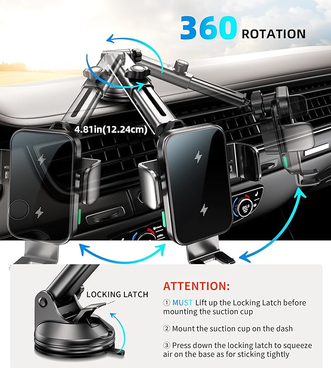 Dual Coil 15W Car Phone Holder (Not Easy to Disconnect) Wireless Car Charger -Auto Clamping- Charging Phone Holders for Your Car Dash Vent Windshield, for Flip S24/S23/S22/S21, iPhone 17/16/15