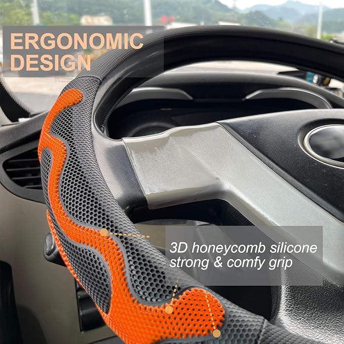 PINCTROT XL Size 17.5-18 Inch Comfy Grip Steering Wheel Cover for Semi Truck, Fits RV, Big Rig Trucker, 18 Wheeler and Classic Cars, Anti-Slip Design 17.5-18 Inch(Silicone Orange)