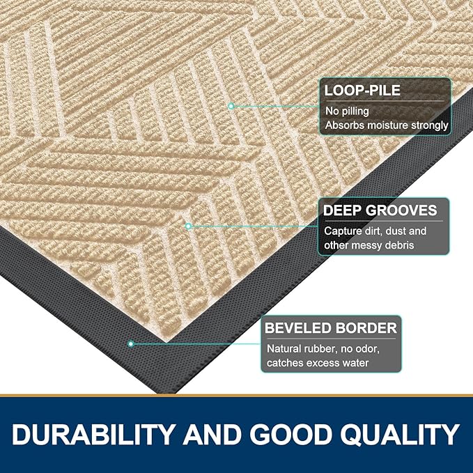 Smiry Front Door Mat Outside Entrance, Heavy Duty Sturdy Natural Rubber Doormat, Trap Dirt and Moisture, Easy Clean Low Profile Mats for Indoor Outdoor Entry, Irregular Triangle (47x32, Beige)