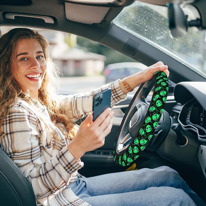 Green Alien Steering Wheel Cover - 15 Inch Universal Car Wheel Cover for Auto, Truck, Vans
