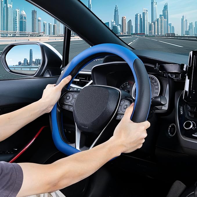 SEG Direct D Shaped Steering Wheel Cover for 14.5-15 inch Flat Bottom Wheels, Breathable Perforated Microfiber Leather, Anti-Slip Grip, Universal Fit for Cars & SUVs, Black and Blue