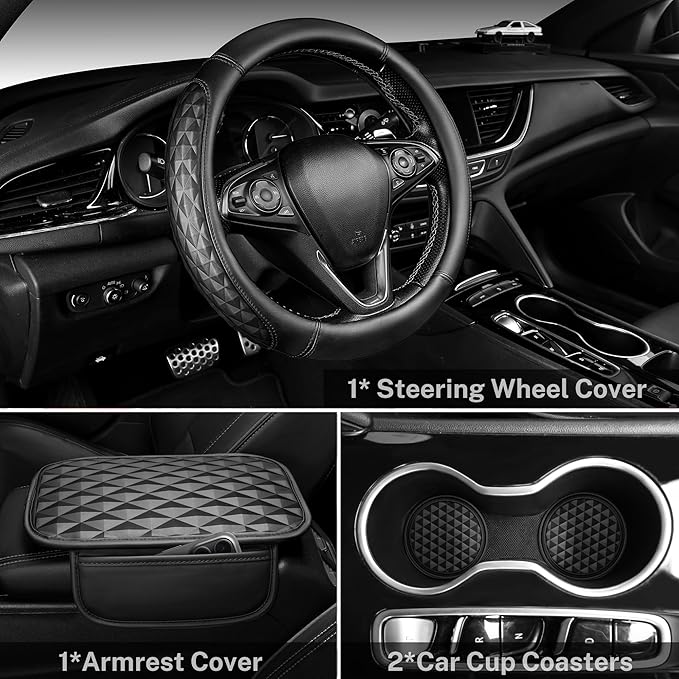 CAR PASS 3D Memory Foam Leather Steering Wheel Cover Set, Comfortable Leather Center Console Armrest Cushion with Storage Bags Non-Slip 14.5-15in Car Interior Covers Sets, 4 PCS All Black Rhomb