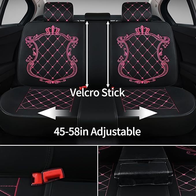 Skysep Crown Full Set Universal Fit 5 Seats Car Surrounded Waterproof Leather Car Seat Covers Protector Adjustable Removable Auto Seat Cushions with 2 Waist Pillows 2 Headrest Pillows (Black & Rose)