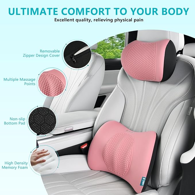 FLORICH Lumbar Support with Car headrest Back Pillow for Chair Headrest Pillow with Gel Memory Foam Massage Point Memory Foam Back Pillow for Office Chair(Pink)