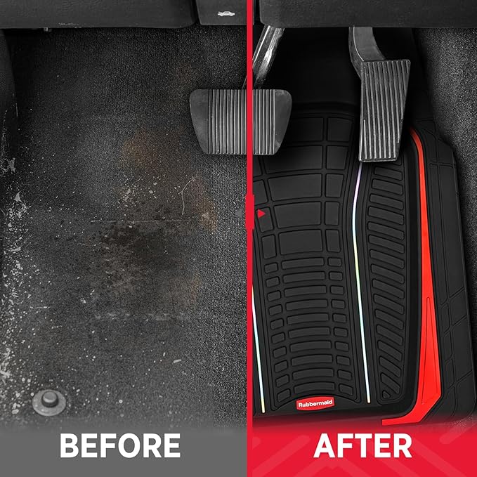 Rubbermaid Car Floor Mats Full Set – Premium All-Weather Car Mat with Brushed Aluminum Inserts, Universal Trim-to-Fit Design, Anti-Slip Backing for Cars, SUVs, Trucks, and Vans