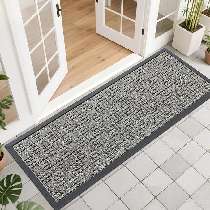 OLANLY Front Door Mat Outside Entrance 47x17, Absorbent, Heavy Duty Sturdy Natural Rubber Doormat Indoor Outdoor, Non-Slip, Stain and Fade Resistant, Low Profile Floor Mat for Entryway, Modern Gray