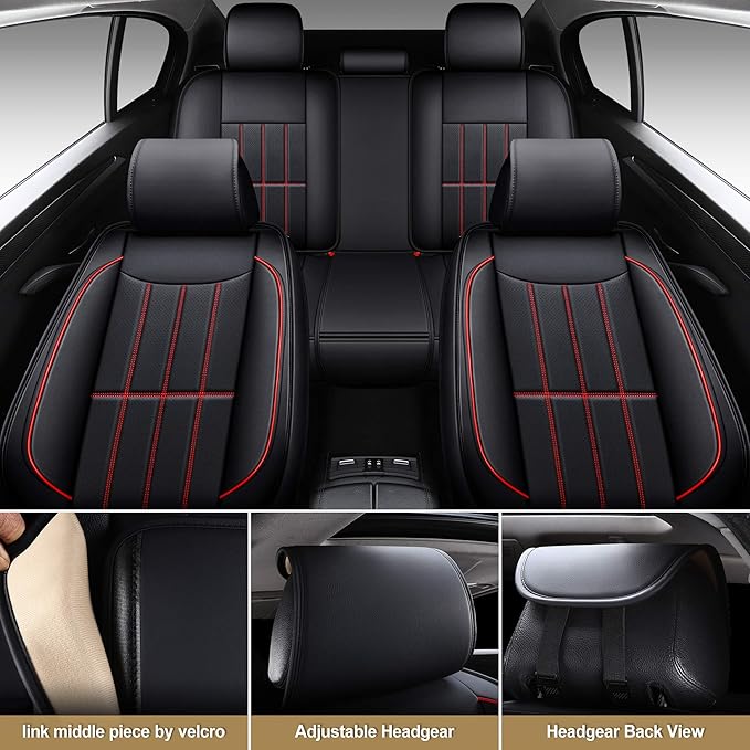 AOOG Leather Car Seat Covers, Leatherette Automotive Vehicle Cushion Cover for Cars SUV Pick-up Truck, Universal Non-Slip Vehicle Cushion Cover Waterproof, Full Set