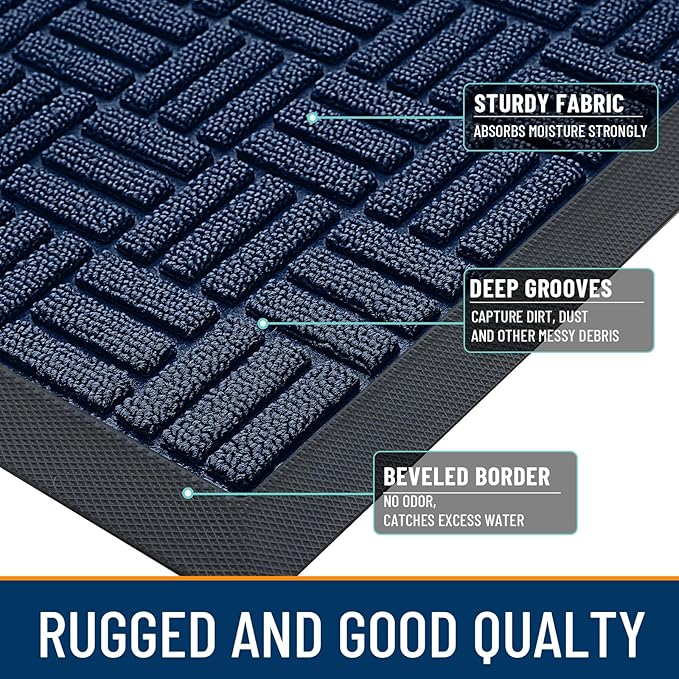 OLANLY Front Door Mat Outside Entrance 33x21, Absorbent, Heavy Duty Sturdy Natural Rubber Doormat Indoor Outdoor, Non-Slip, Stain and Fade Resistant, Low Profile Floor Mat for Entryway, Navy Blue