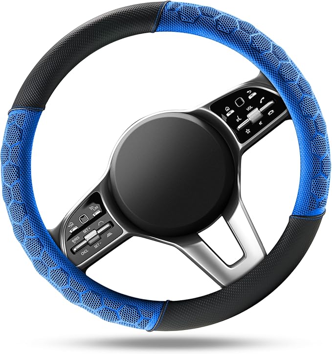 PIC AUTO Massage Steering Wheel Cover, Blue Football Pattern Material Spliced Leather Car Steering Wheel Protector, Car Interior Accessories, Universal Fit 14.5"-15.5" for Cars, Trucks, Van, SUV
