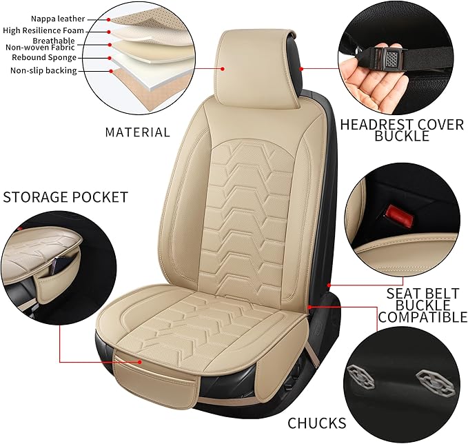 Leather car Seat Covers Breathable Car Seat Protector Front seat Covers Universal Fit for 95% Car Truck SUV Van Vehicles （Beige，2PCS）