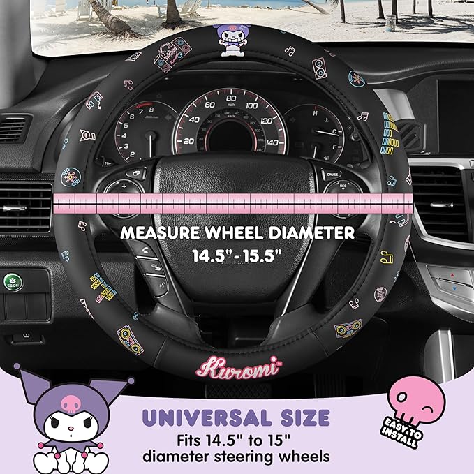 Sanrio Hello Kitty and Friends Kuromi Black Car Steering Wheel Cover, Universal Fit Cute Accessories for Women Stylish Decor Gifts Hello Kitty Accessories - Fits Standard Wheels 14.5"-15"
