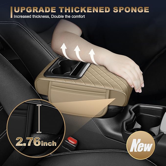 YORKNEIC Upgraded Car Center Console Cover with Cup Holder 2 Storage Bags - Faux Leather Arm Rest Cover Fit for Ford Focus,Middle Console Cover Multi-Functional Car armrest Cushion(Beige)