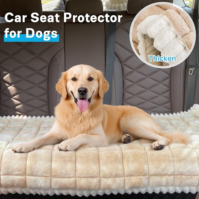 Dog Car Seat Cover for Back Seat, Dog Bed for Car, Fit for Backseat Extenders, Car Seat Protector, Nonslip Soft Durable for Cars Trucks and SUVs (Light Brown and White, 24.8"*54")