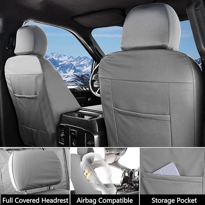 Truckiipa Truck Seat Covers for Chevy Silverado Leather Seat Covers Custom Fit for 2007-2024 Chevy Silverado GMC Sierra 1500, 2015-2024 2500HD 3500HD Double Crew Extended Cab, Front Pair, Gray