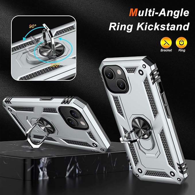 IKAZZ for iPhone 14 Plus Case 6.7 Inch with Screen Protector,Military Grade Shockproof Heavy Duty Protective Phone Cover Pass 16ft Drop Test with Magnetic Kickstand Car Mount Holder,Silver