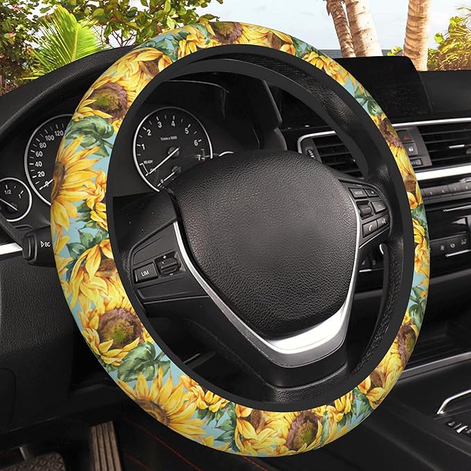 Watercolor Sunflower Steering Wheel Cover, Elastic Non-Slip Steering Wheel Protector,Auto Interior Decor for Women Girls,Universal 15" Fit for Sedans,Trucks