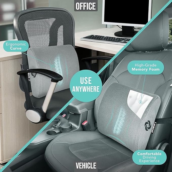 Samsonite Ergonomic Lumbar Support Pillow for Office Chair, Gaming Chair, or Car, Memory Foam Cushion with Ventilated Mesh and Adjustable Strap, Gray