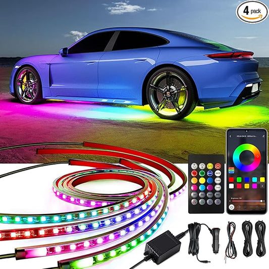 Underglow Car Lights, 4 pcs RGB-IC Smart LED Lights with APP and Remote Control, 16 Million Colors DIY Sound Active Function Music Mode, Underglow Kit for Car, SUVs, Trucks (Dream Color)