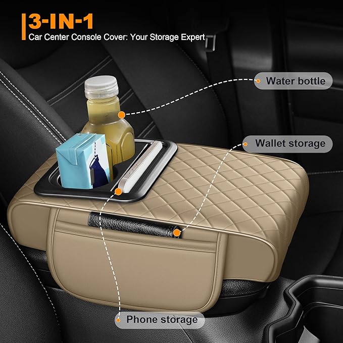 Armrest Cover for Car Fit for Jeep Cherokee Compass Gladiator Liberty Patriot Renegade Wrangler - Center Console Cover with Cup Holders and 2 Storage Pockets(Beige)