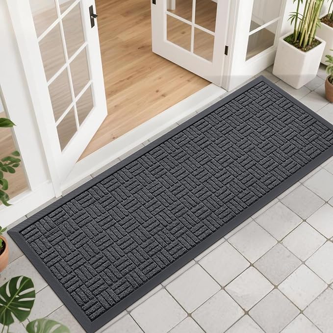 OLANLY Front Door Mat Outside Entrance 47x17, Absorbent, Heavy Duty Sturdy Natural Rubber Doormat Indoor Outdoor, Non-Slip, Stain and Fade Resistant, Low Profile Floor Mat for Entryway, Black Gray