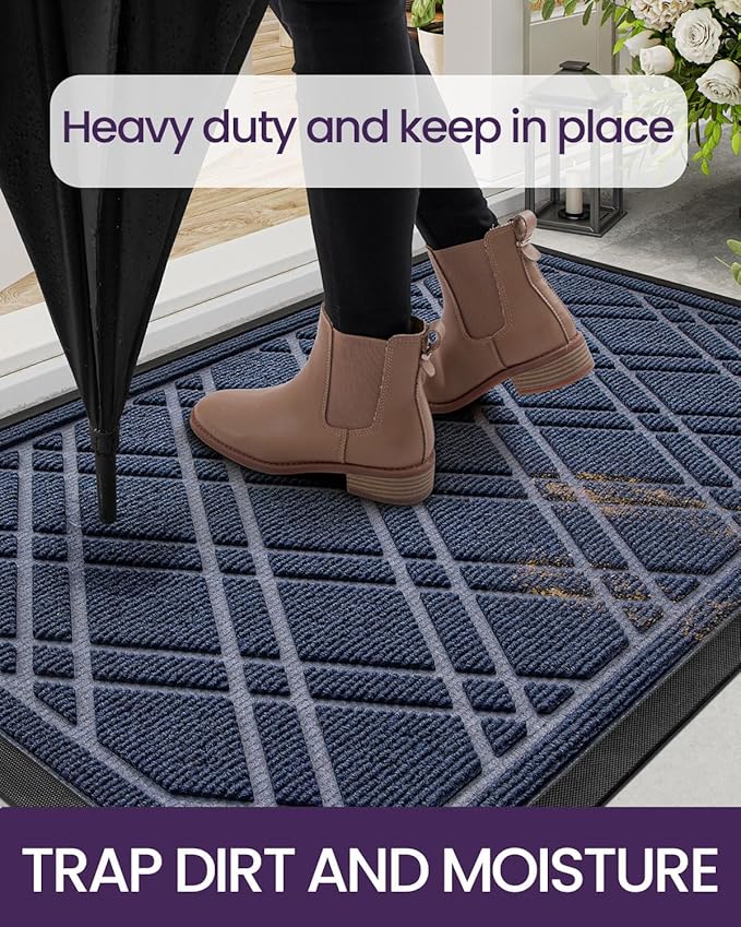 DEXI Front Door Mat Outside Entrance, Rubber Entry Doormat Heavy Duty, Welcome Mats Non Slip for Inside House Floor Entryway Back Doors Exterior Patio, 24x48, Weave Blue