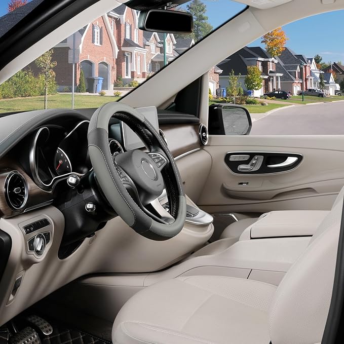 SEG Direct Black and Gray Microfiber Auto Car Steering Wheel Cover Universal 15 inch