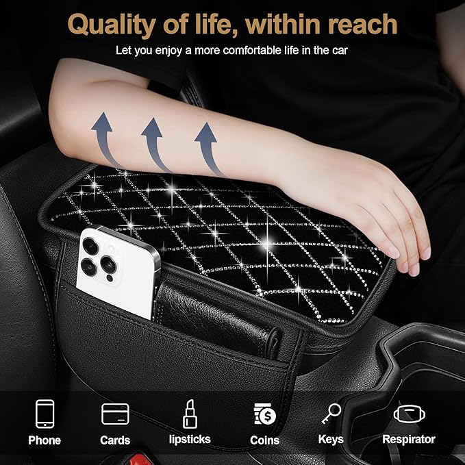 YORKNEIC Bling Car Center Console Cover Fit for Ford Focus: Middle Armrest Cover with Crystal Rhinestones, Diamond Automotive Interior Car Arm Rest Cover Pad Protector(Black&Silver Diamond)