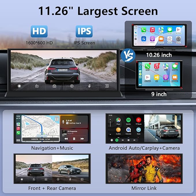 11.26" Carplay Screen for Car 4K Dash Cam Largest Car Tablet Pro Max w 350° Rotatable Camera【Cust-omized Bracket】 Apple Car Play & Android Auto Screen Real-time Navigation Bluetooth Audio Mirror Link
