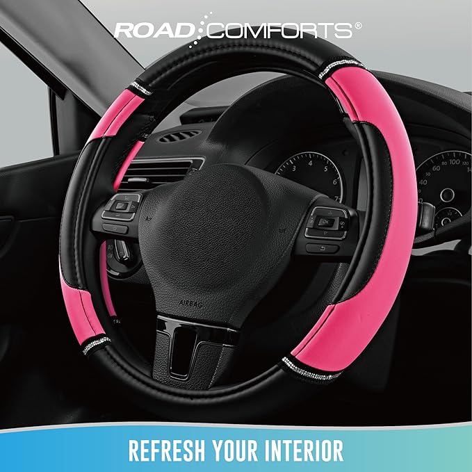 Road Comforts Leather Steering Wheel Cover - Made with PVC Leather - Anti-Slip, Universal Fit 14 1/2 inches to 15 inches - Hot Pink
