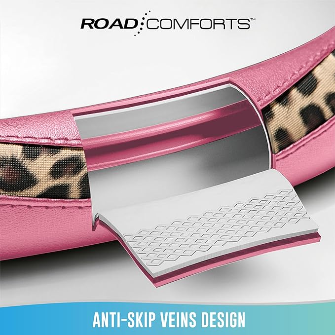 Road Comforts Steering Wheel Cover - Made with PVC Leather and Leopard Fabric - Universal 14 1/2 inches to 15 inches for Most Automotive Steering Wheel - Cheetah Print -Pink