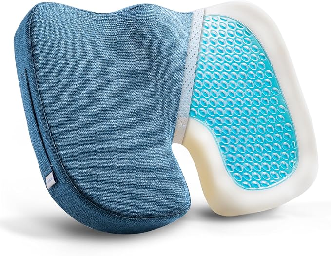 Gel Memory Foam Seat Cushion for Long Sitting with Removable Cover – Cooling Breathable Support for Tailbone, Coccyx, Sciatica, Back Pain Relief - for Office Chairs, Car Seat, Wheelchair (Blue)
