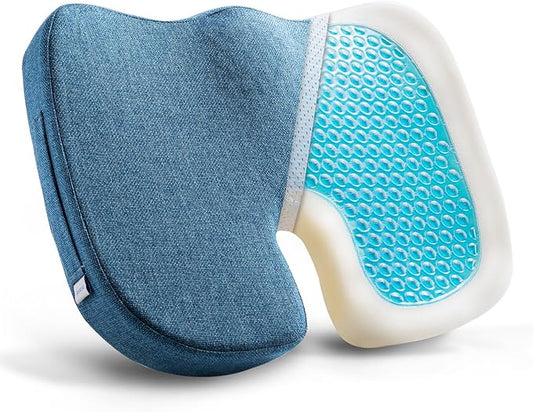 Gel Memory Foam Seat Cushion for Long Sitting with Removable Cover – Cooling Breathable Support for Tailbone, Coccyx, Sciatica, Back Pain Relief - for Office Chairs, Car Seat, Wheelchair (Blue)