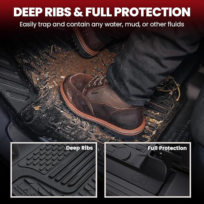 LASFIT Floor Mats for Ram 1500 Crew Cab 2019-2024 Bench Seat (NOT for Bucket Seat) with Rear Under-Seat Factory Storage 4 Full Size Doors, All Weather TPE Custom Fit 1st & 2nd Row, Black