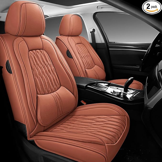 WELLDO Car Seat Covers Full Set,Nappa Leather Seat Covers for Car, Waterproof Car Seat Protector with Lumbar Support, Automotive Seat Covers Universal Fit for Most Cars SUV Truck, 2seats,Brown