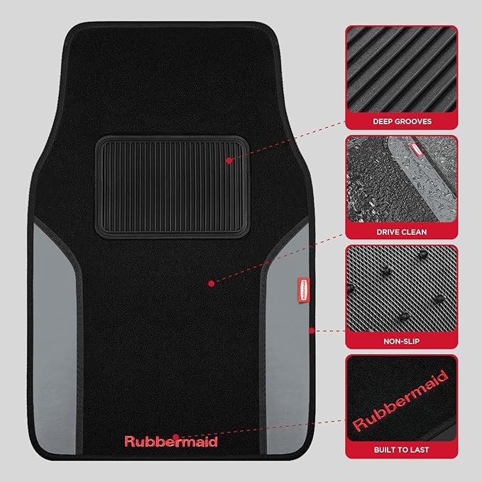 Rubbermaid Car Mats, Carpeted Floor Car Mat with Faux Leather & Built-in Heel Pad, Two-Tone Car Rug Floor Mats, Stylish Carpeted Floor Mats for Cars, Trucks & SUVs Gray Color