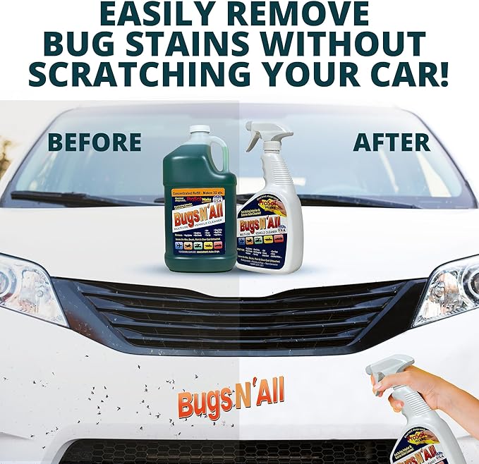 Bugs N’ All Multipurpose Car Cleaner & Degreaser - Bug & Tar Remover Concentrate 1 Gallon - Exterior Cleaner Safe for Car Paint, Metal, Chrome, Aluminum, Windows & Mirrors - w/Free 32 oz Spray Bottle