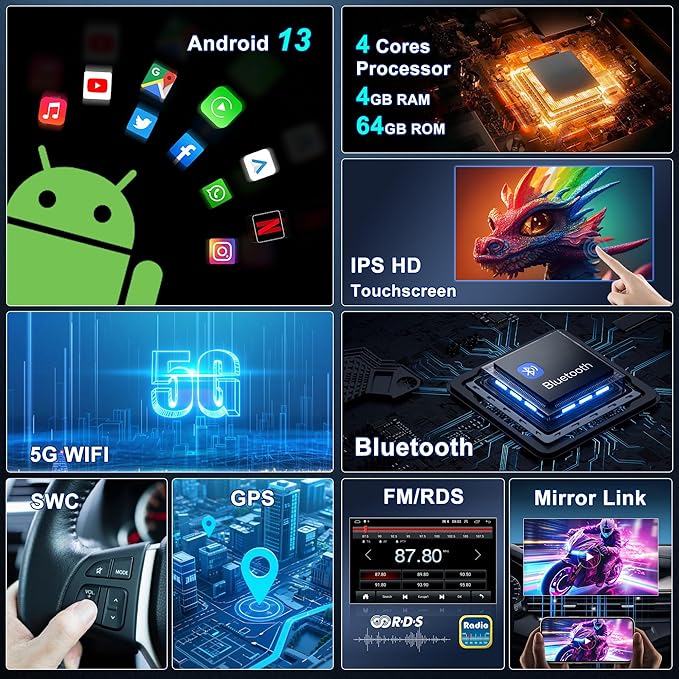 4+64G Car Stereo Radio for Jeep Commander 2008 2009 2010 2011, 10.1" Android 13 Car Radio Stereo Touchscreen Head Unit with Wireless CarPlay Android Auto GPS Navigation SWC FM DSP Bluetooth Camera Mic