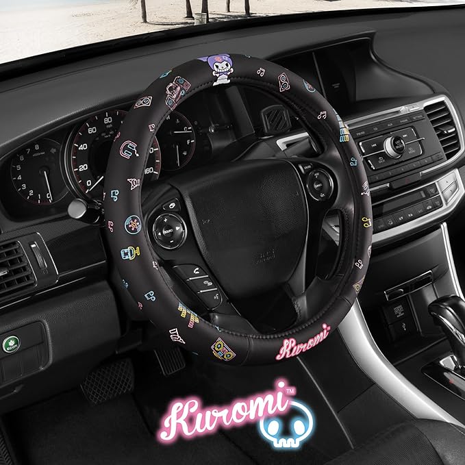 Sanrio Hello Kitty and Friends Kuromi Black Car Steering Wheel Cover, Universal Fit Cute Accessories for Women Stylish Decor Gifts Hello Kitty Accessories - Fits Standard Wheels 14.5"-15"