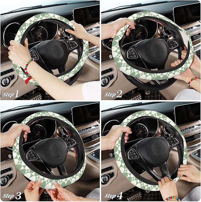 Vintage Grid Flowers Car Steering Wheel Cover, Non-Slip Absorbing Sweat Car Wheel Cover Accessories for Men Women,Universal 15" Fit Auto SUV Vans Trucks