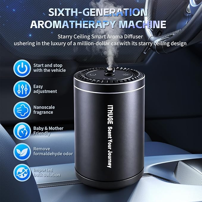 Waterless Smart Car Aroma Diffuser with Starry Sky Projection,7-Color Ambient Light, 3 Mode Adjustable Rechargeable Car Air Freshener with 80ml Empty Bottle,Auto On/Off Intelligent(Black, M308)