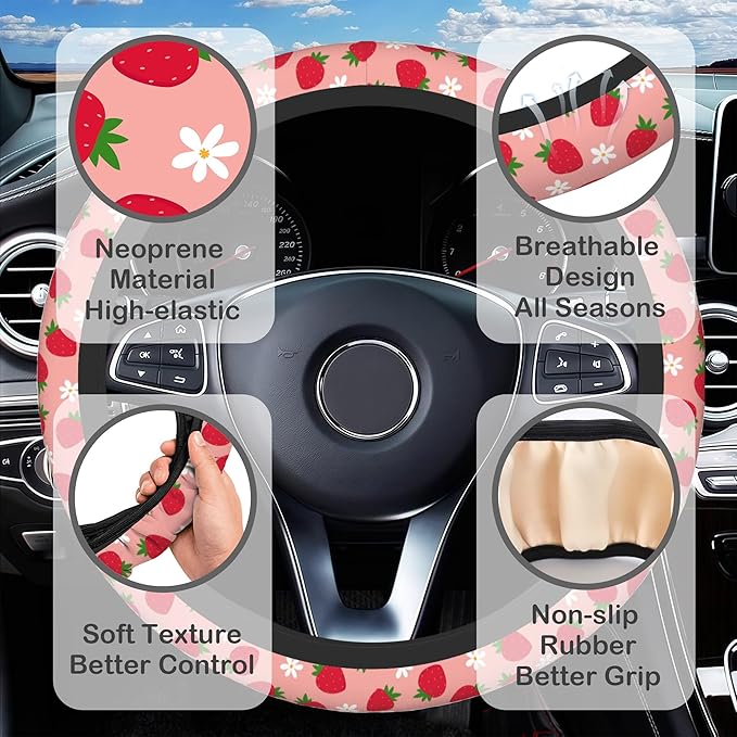 Strawberry and Flower Steering Wheel Cover for Women, Anti-Slip Car Steering Wheel Cover with 2 Pcs Cup Holders Neoprene Breathable Car Accessories Universal 15 Inch Auto Interior Decor