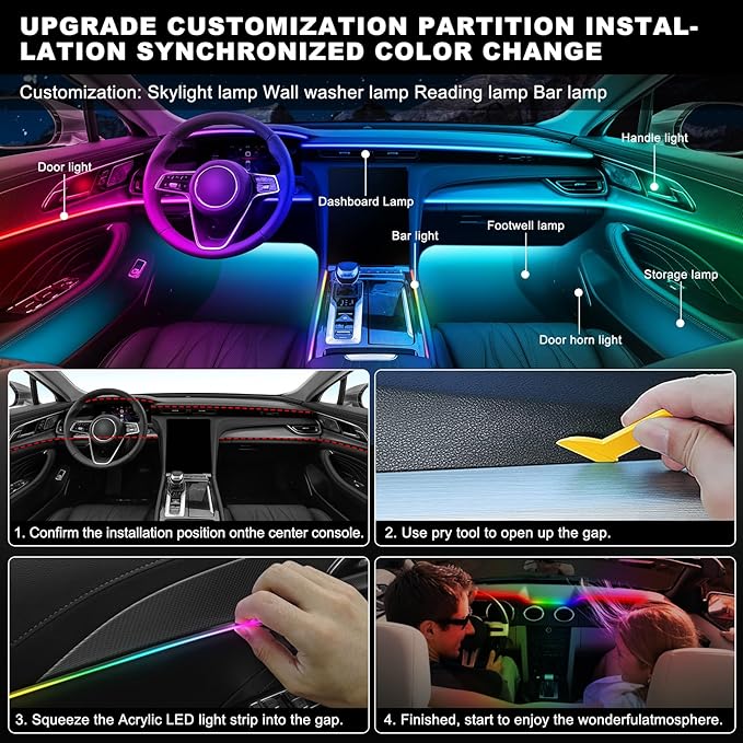 Dreamcolor Acrylic Interior Car LED Strip Light with Wireless APP, RGB 14 in 1 with 175 inches 600 LEDs Fiber Optic Car Ambient Lighting Kits, Dual Zone Sound Active Function LED Strip for Car