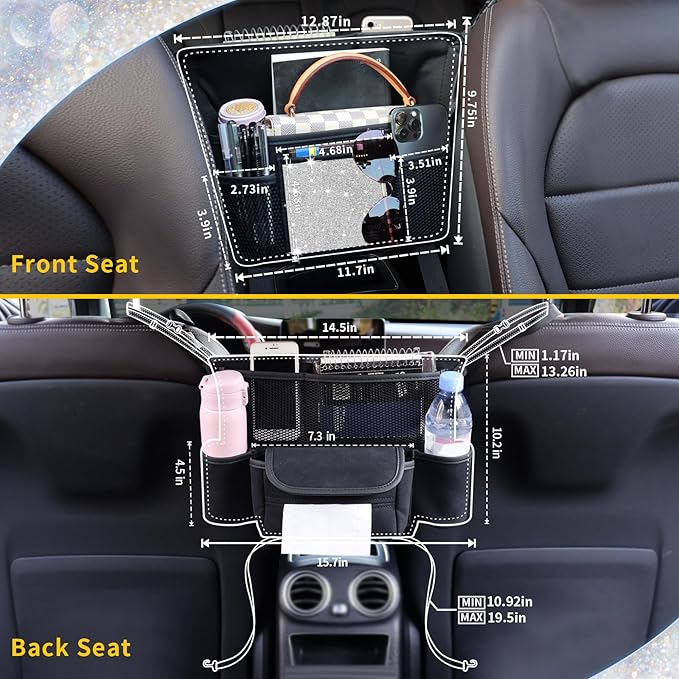 White Diamand Car Handbag Holder Between Seats Bling Crystal Car Storage Bag Large Capacity Purse Phone Ipad Automotive Consoles Organizer Safe Barrier of Backseat Pet Kids