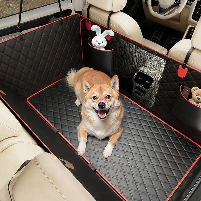 Waterproof Dog Car Seat Cover for Back Seat – Heavy Duty Back Seat Extender for Dogs with Hard Bottom, 7-Layer Protection, Non-Slip & Scratchproof, Easy to Install (Red)