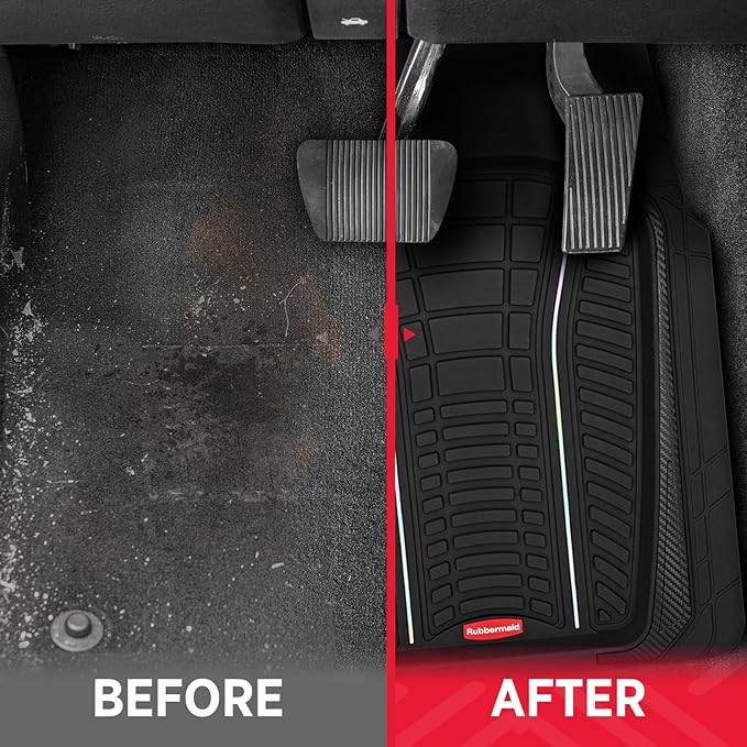 Rubbermaid Car Floor Mats Full Set – Premium All-Weather Car Mat with Brushed Aluminum Inserts, Universal Trim-to-Fit Design, Anti-Slip Backing for Cars, SUVs, Trucks, and Vans