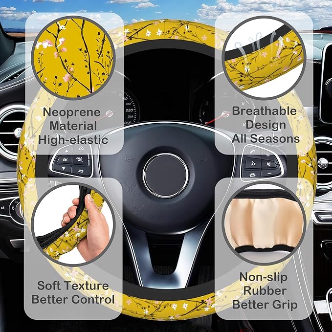 Yellow Botanical Floral Steering Wheel Cover for Women, Anti-Slip Car Steering Wheel Cover with 2 Pcs Cup Holders Neoprene Breathable Car Accessories Universal 15 Inch Auto Interior Decor