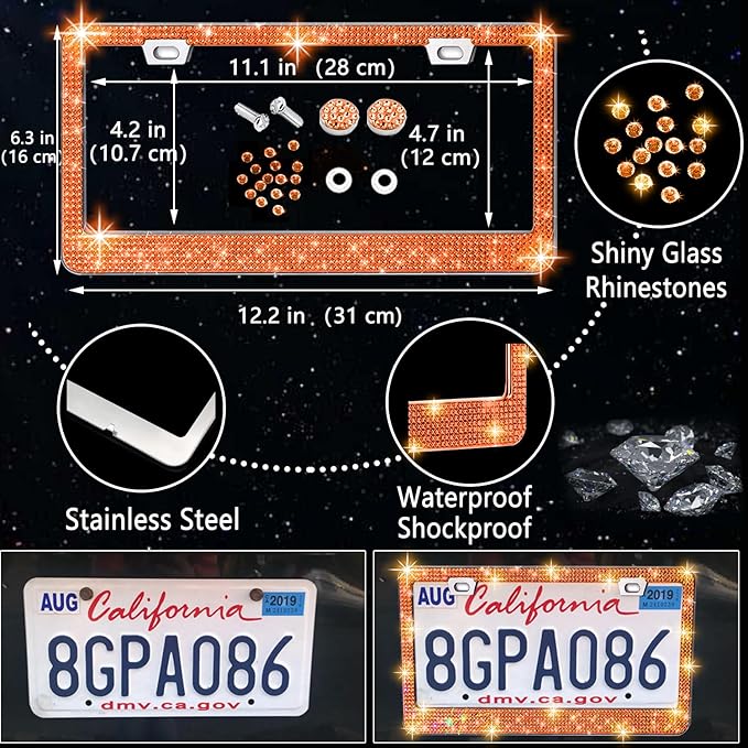 NBTEPEM 27 PCs Orange Bling Car Accessories Set for Women, Steering Wheel Covers Universal Fit 15 Inch, Bling License Plate Frame, Bling Phone Holder, Bling Car Coasters (Orange Diamond)