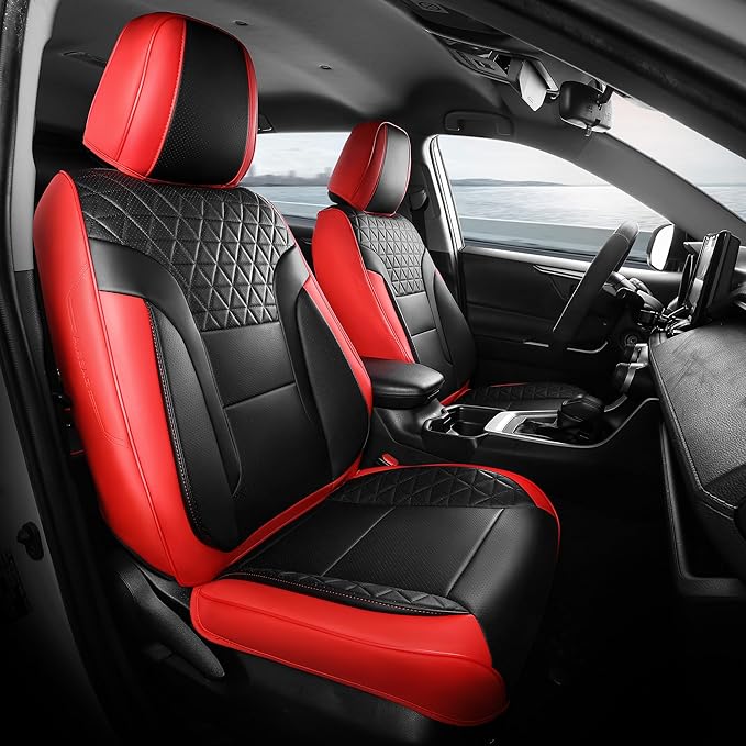 Red and Black Car Seat Covers Only Front 2pc - Breathable Faux Leather Universal Seat Covers for Cars, Automotive Protector Fit for Most Sedan SUV Pick-up Truck