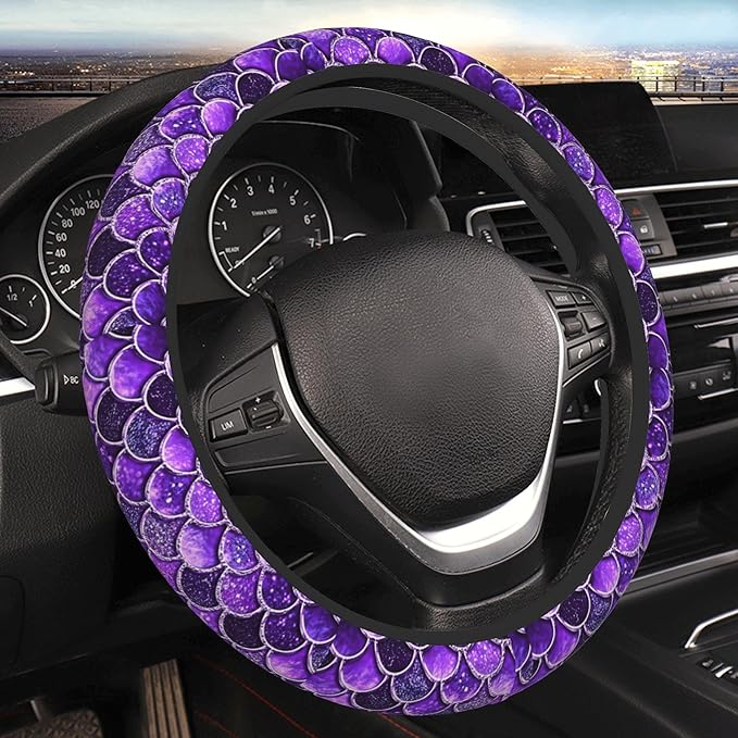 Purple Mermaid Fish Dragon Scales Cool Funny Steering Wheel Cover Car Accessories Cute for Women Girls Girly Universal 15 Inch Neoprene Auto Interior Decor Anti Slip Car Truck Protector